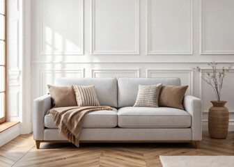 Fototapeta premium Light grey sofa with textured pillows and blanket couch