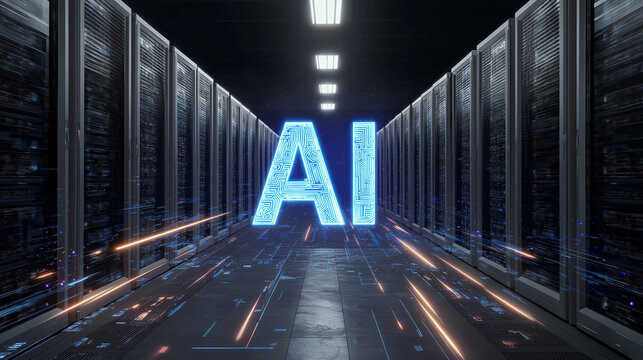 AI chip centered among server cabinets, with floating blue AI hologram and glowing data streams.