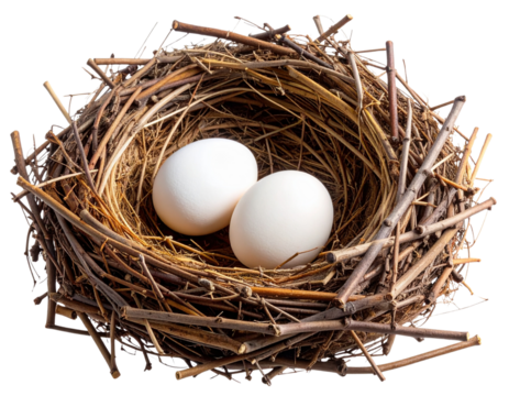  Minimalist Bird Nest with Two White Eggs and Loose Twigs, Diagonal Composition, Isolated