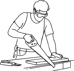 Line art of a continuous single-line drawing shows a male craftsman wearing a tool belt and protective goggles, using a handsaw to cut through a wooden board on a workbench. The minimalist black line