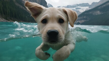 Playful Labrador Puppy Swimming in Clear Blue Lake Water