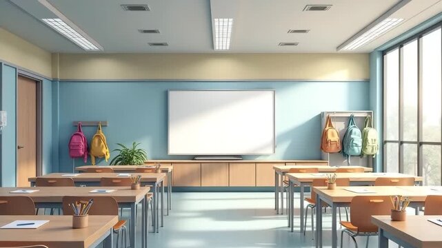 Modern classroom with wooden desks and colorful backpacks hanging   