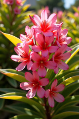 Fototapeta premium Vibrant Cluster of Pink Oleander Flowers with Tropical Green Foliage in Sunlight
