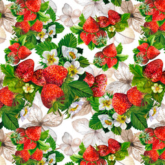 Seamless pattern with red strawberries, delicate flowers and green leaves. Watercolor illustration for advertising juice, desserts, pastries.
