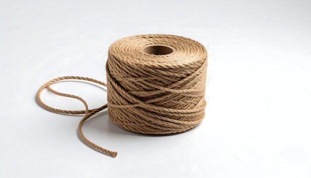 Spool of natural jute twine on a white background