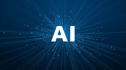 Neon blue Ai Logo with tech icons, brain and globe connected by abstract tree lines on dark purple futuristic background. abstract blue background