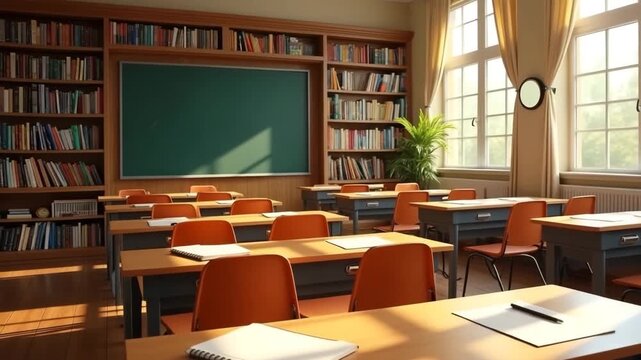 Bright classroom with empty desks and bookshelves in daylight  
