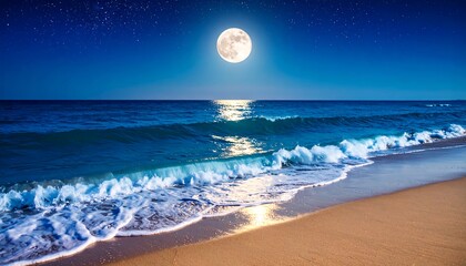 Moonlight beach scene with full moon