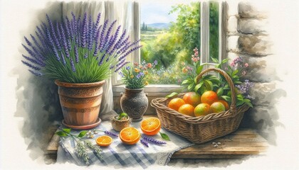 Rustic Window Still Life with Lavender, Oranges, and Countryside View