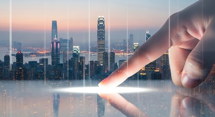 Digital Interface Over Hong Kong Cityscape with Finger Touching Touchscreen, Modern Technology Integration, Future of Urban Connectivity, Smart City Innovation, Technological Advancement