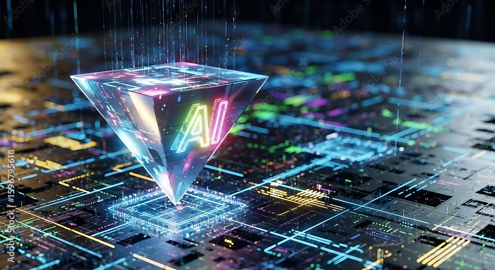 Aufkleber futuristic ai concept with glowing pyramid and circuit board background, representing artificial int