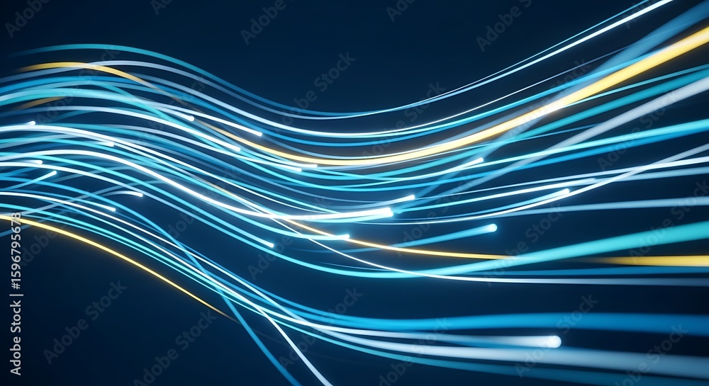 Poster abstract flowing lines of light in blue and gold illuminate the dark background creating a dynamic a