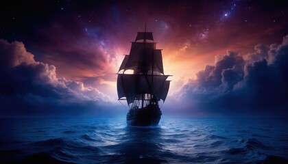 Black sailboat sails through night sky with starry background. Dark blue expanse features white stars, distant clouds. Boat silhouette prominent against celestial backdrop.