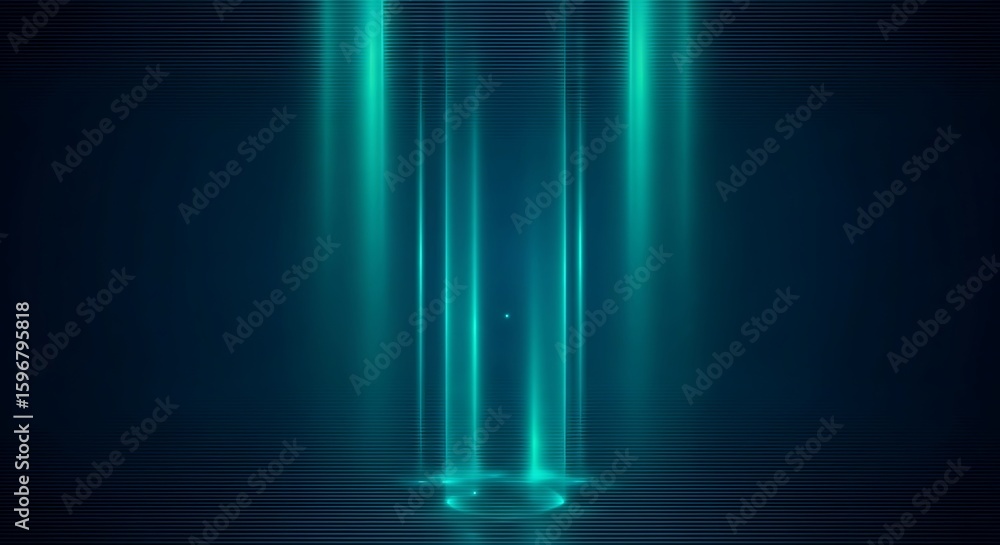 Poster abstract cyan light beams on dark blue background with horizontal lines creating a modern, futuristi