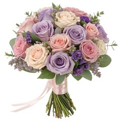 Fototapeta premium Romantic Rose Bouquet with Pastel Flowers on White Background, Elegant Mixed Rose Arrangement, Floral Gift Concept, Soft Romantic Flower Composition