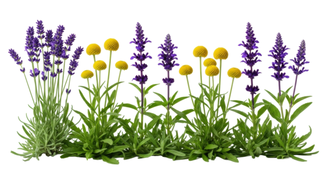 Precisely arranged freshly cut vibrant purple lavender, elegant purple salvia, bright yellow button flowers with lush green foliage on a clean white background, even studio lighting, no shadows,