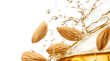 Almonds with Liquid Splash on Transparent Background, Healthy Snack, Ingredient, Nutrition Concept