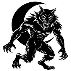 A menacing werewolf howls at the moon in the dark night