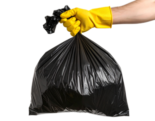  Gloved Hand Holding Small Tied Garbage Bag at Arm’s Length, Top-Down Perspective, Isolated