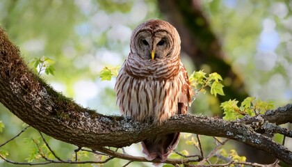 adult barred owl resting on tree branch during spring season