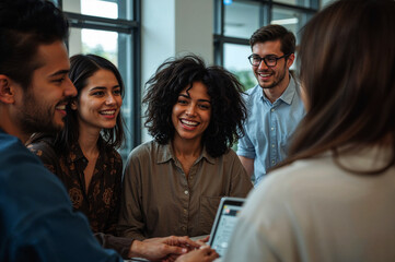 Fototapeta premium Diverse Professionals Collaborating Around a Laptop, Smiling and Engaged in a Team Meeting, Multiracial Group Discussing Business Strategies Around a Table