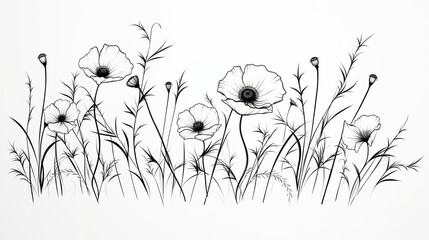 grass an fdlowers outlines in white background