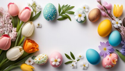 happy easter message with colorful eggs and spring flowers on white background flat lay greeting card for easter holiday celebration with copy space