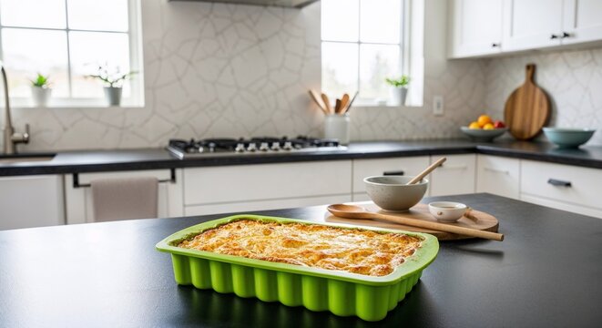 Casserole dish in green on kitchen counter with cooking utensils nearby  