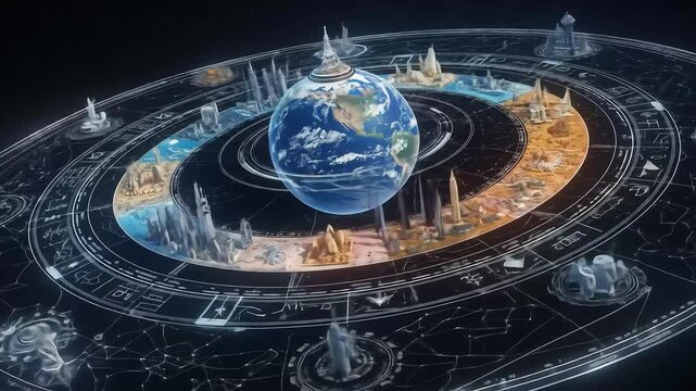 Cosmic Chronos A Futuristic Earth Rotating Through Time and Space Cities Rise Eras Pass.