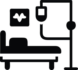 Patient care equipment IV stand, hospital bed, oxygen mask, heart monitor.