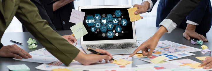Analyst team use sticky note for creative and analytic brainstorm for business idea with BI data...