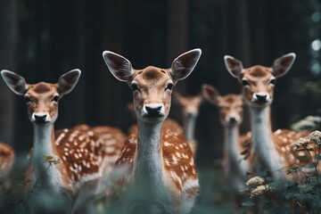 Fototapeta premium group of deer in the woods looking to the camera 