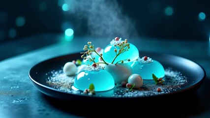 Unique dessert creation featuring blue gelatin with decorative elements in an elegant dining setting