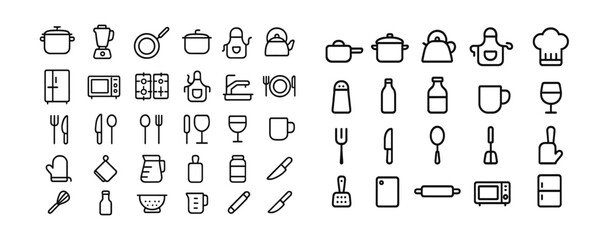 Collection of kitchen utensils and appliances outlined in a simple design for culinary activities and meal preparation