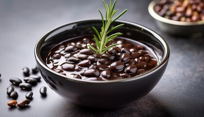 rich and flavorful black bean sauce in a glossy bowl garnished with a sprig of rosemary perfect for enhancing dishes