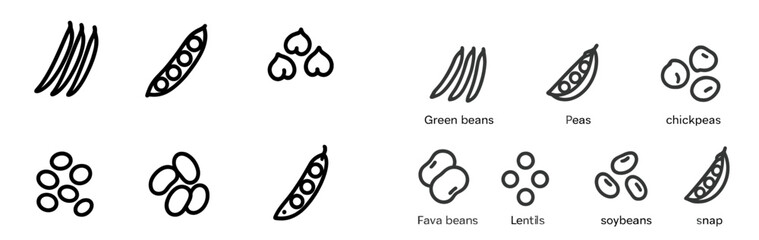 Variety of legumes and beans illustrated in simple, minimalist style showcasing green beans, peas, chickpeas, and more