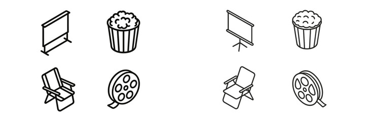 Group of various cinema-related icons including popcorn, chairs, and screens in a minimalist style