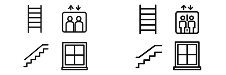 Simple icons representing different levels of movement including stairs, elevators, and windows