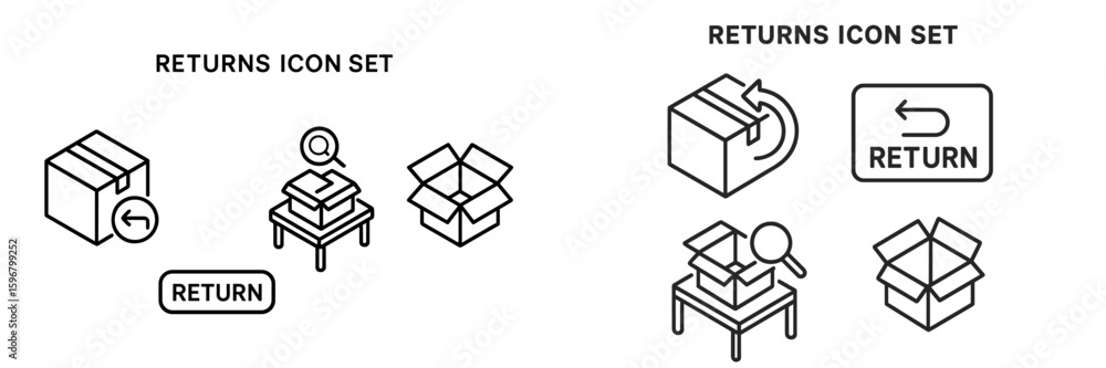 Poster icon set illustrating various returns process elements for online shopping and inventory management 