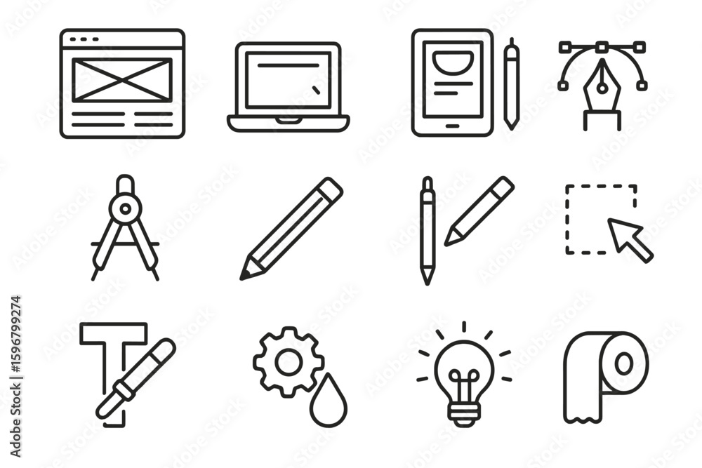 Poster collection of design tools and icons representing digital creativity and drafting in a modern worksp