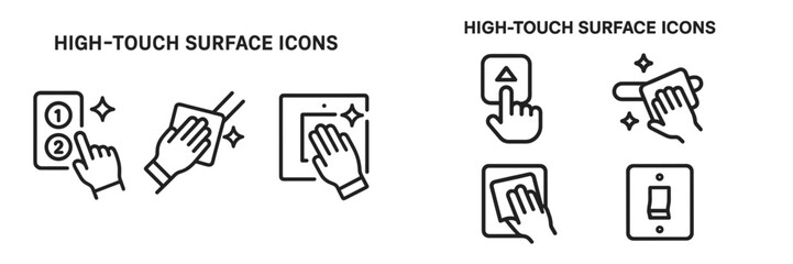 Illustrations of high-touch surface icons depicting hand interactions on digital devices and surfaces for cleanliness awareness