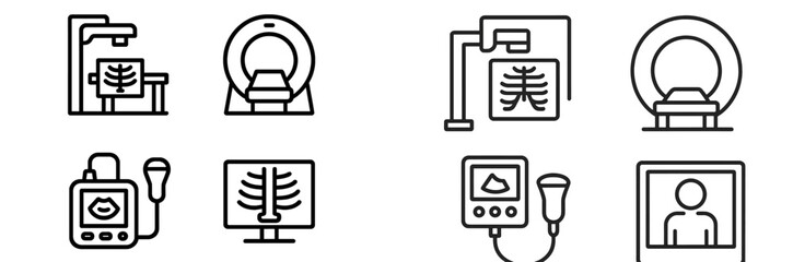Medical imaging equipment icons showcasing various modalities including CT, X-ray, and ultrasound for healthcare professionals