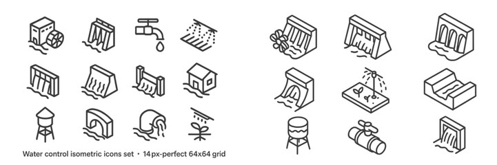 Collection of water control icons displayed in a grid showcasing various designs and structures for water management