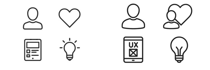 Design elements showcasing user experience concepts with hearts and icons for digital applications