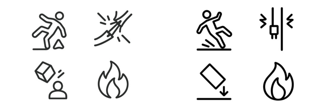 Safety icons highlighting common hazards associated with workplace incidents and emergency situations