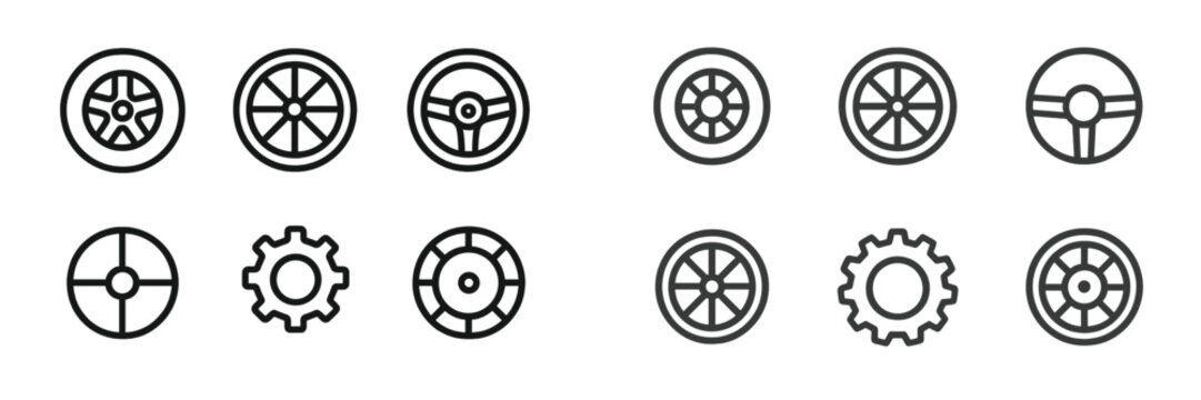 Various circular designs featuring wheels and gears in a minimalist style ideal for graphics or illustrations