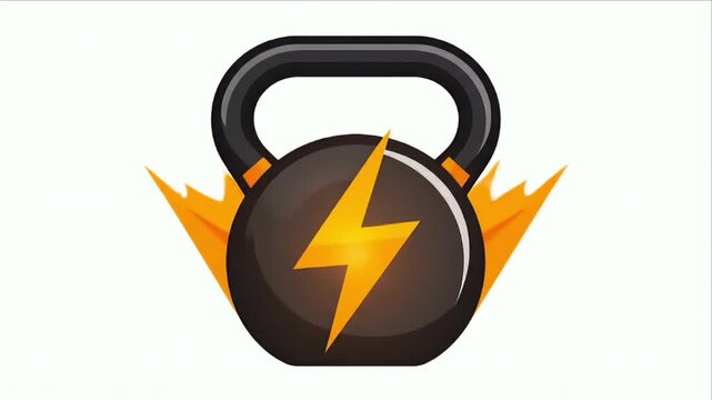 A cartoon kettlebell with a lightning bolt on it, flames, and a white background
