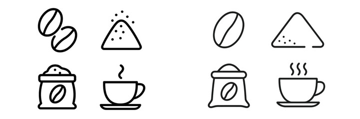 Coffee beans and grounds illustrated icons on white background for beverage design or menu