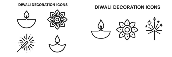 Decorative icons for Diwali celebrations showcasing traditional symbols of light and joy in a simple design