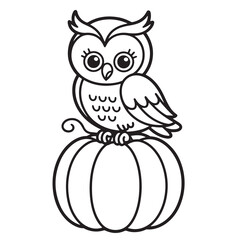 Cartoon Owl Standing on a Pumpkin Surrounded by Fall Leaves – Line Art Coloring Pages
